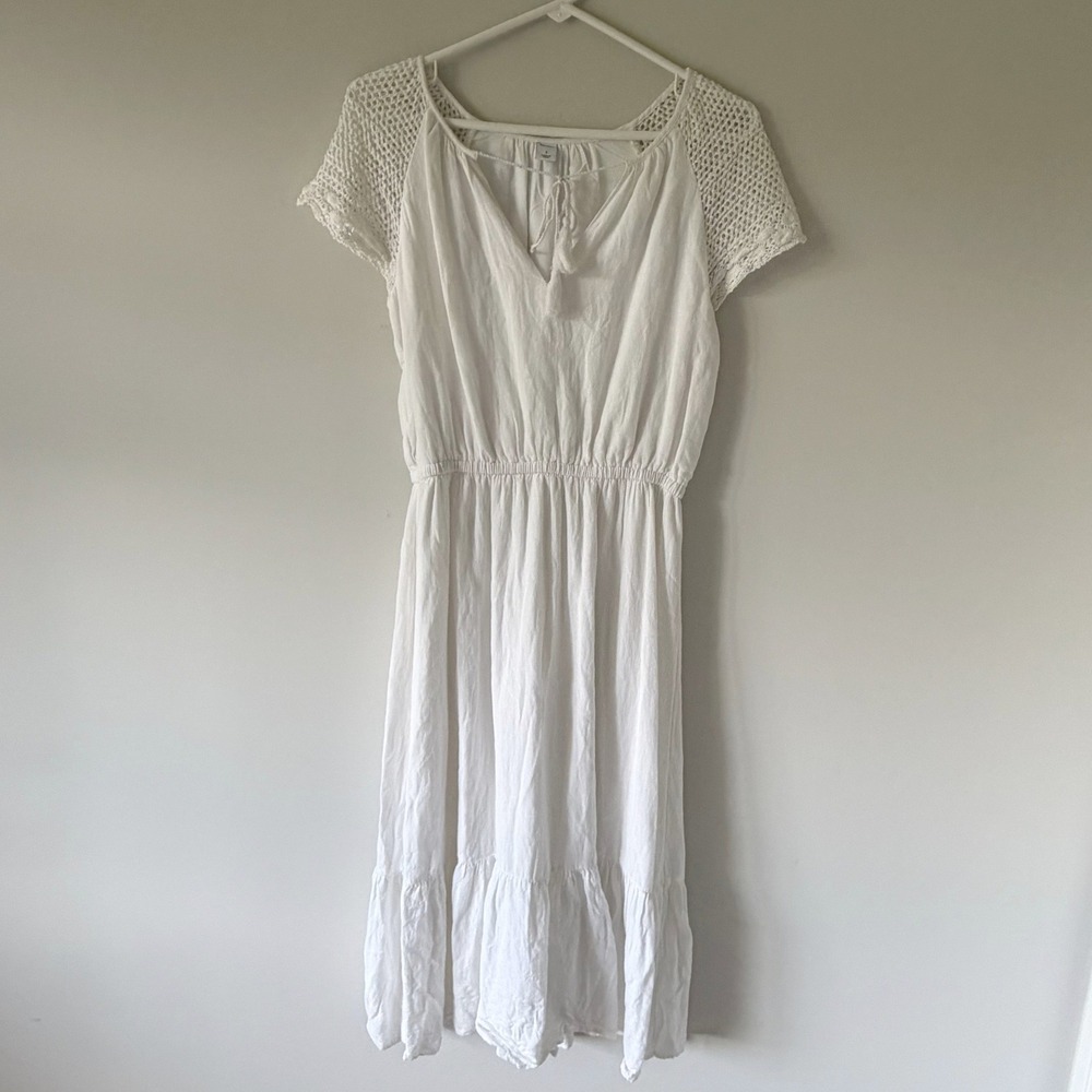 Old Navy White Linen Blend Crochet Sleeve Midi Dress Tassel Tie Boho Peasant S - Picture 1 of 13